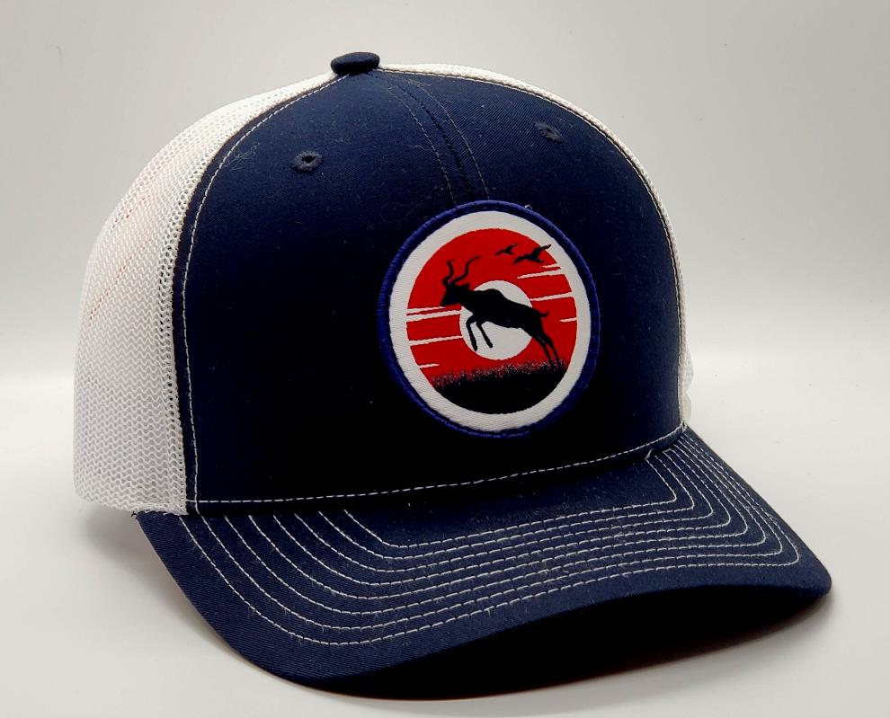 Antelope Donut Sunset Patch on a Navy Blue and White Snapback Trucker Hat