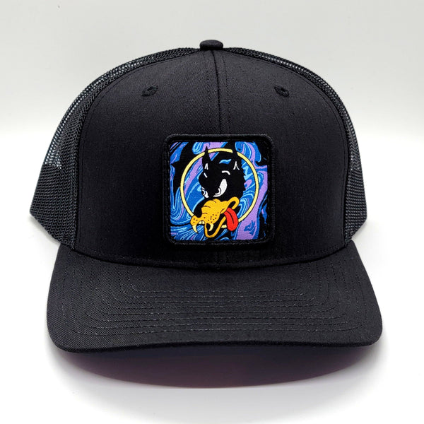 Wolf Psychedelic Drip Patch on a Black Richardson Trucker