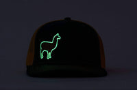 Phish Llama Gold and Green Glow In The Dark on a Greenn and Gold Snapback Trucker Hat