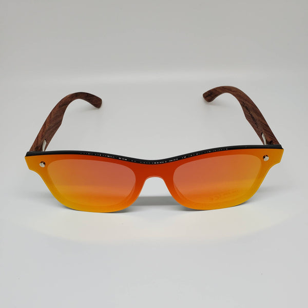 Hand Burned Wooden Donut Frame Sunglasses with Polarized Fire Red/Orange Grey Lenses and Spring Hinges