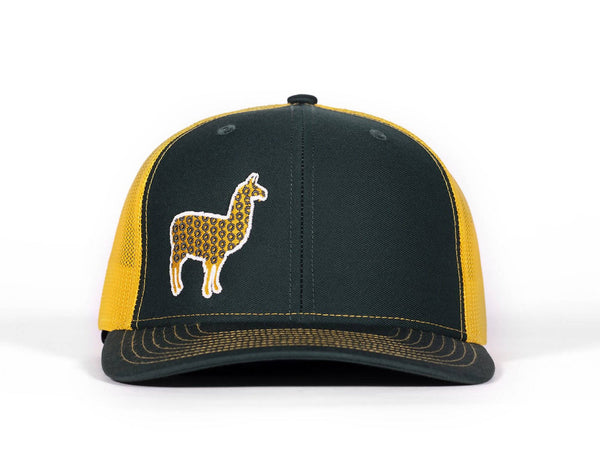 Phish Llama Gold and Green Glow In The Dark on a Greenn and Gold Snapback Trucker Hat