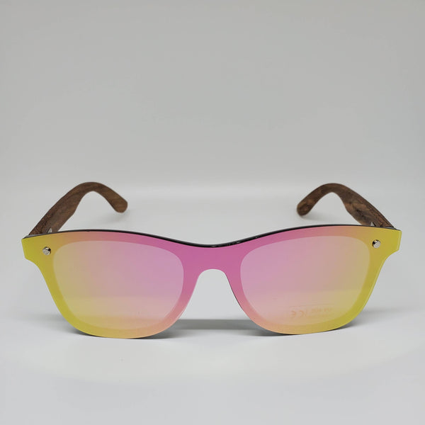 Hand Burned Wooden Donut Frame Sunglasses with Polarized Pink/Smoke Grey Lenses and Spring Hinges